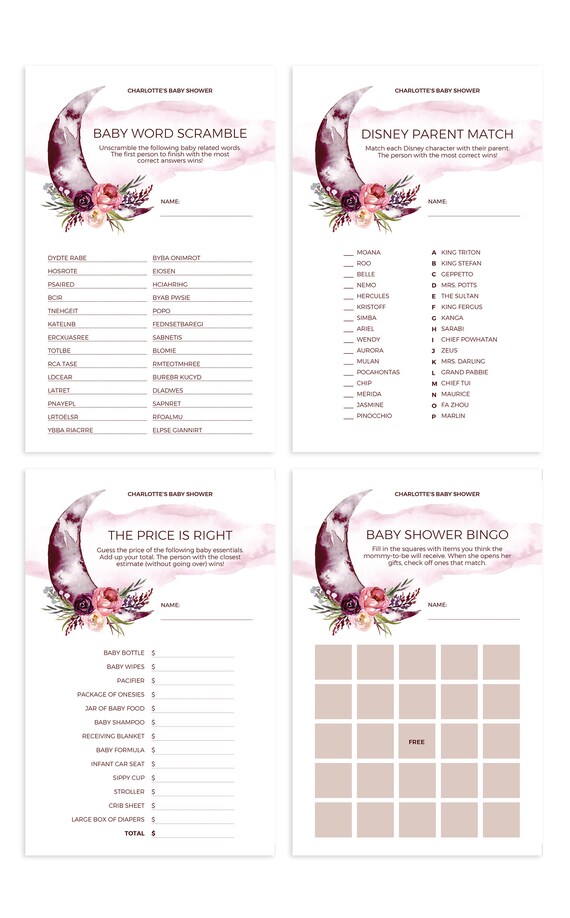 Over The Moon Baby Shower Games In Burgundy Printable Bundle Etsy