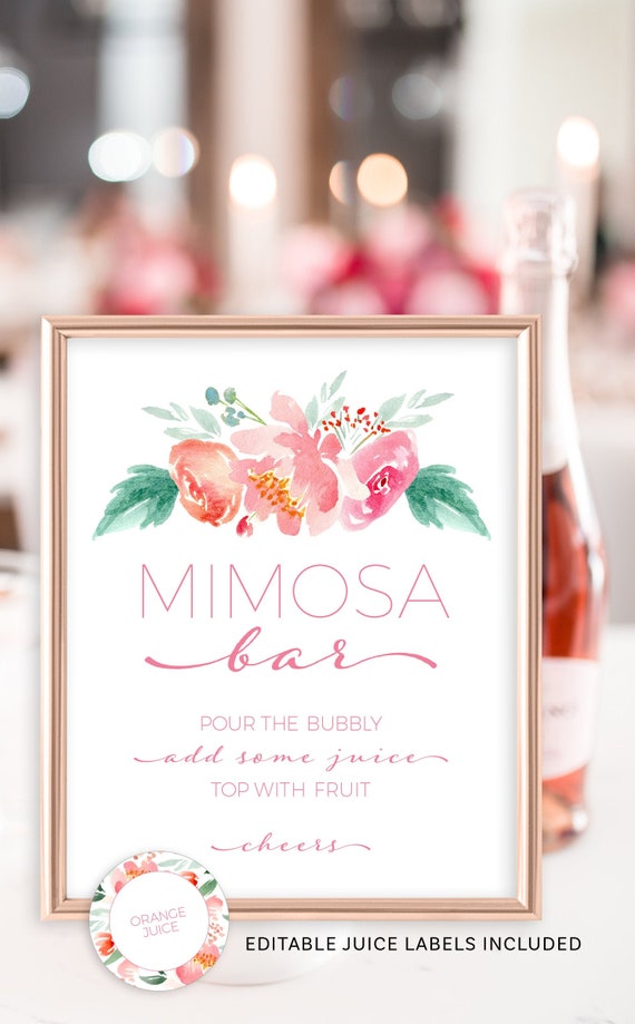 Mimosa Bar Sign Printable Bubbly Bar Sign Instant Download Floral Bridal Shower Sign With Mimosa Juice Labels Mother S Day Printable By Arra Creative Catch My Party