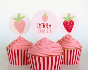 Strawberry Cupcake Toppers Printable Cupcake Wrappers Instant Download Strawberry Birthday Party Decorations Girl Birthday Party Stickers