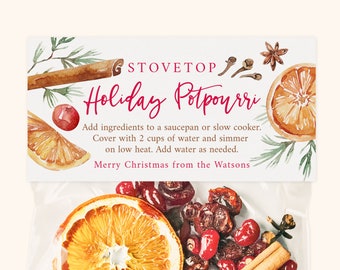Holiday Potpourri Gift Tags for Christmas Scent | Christmas Gift Tags for Stovetop Potpourri | Editable Template