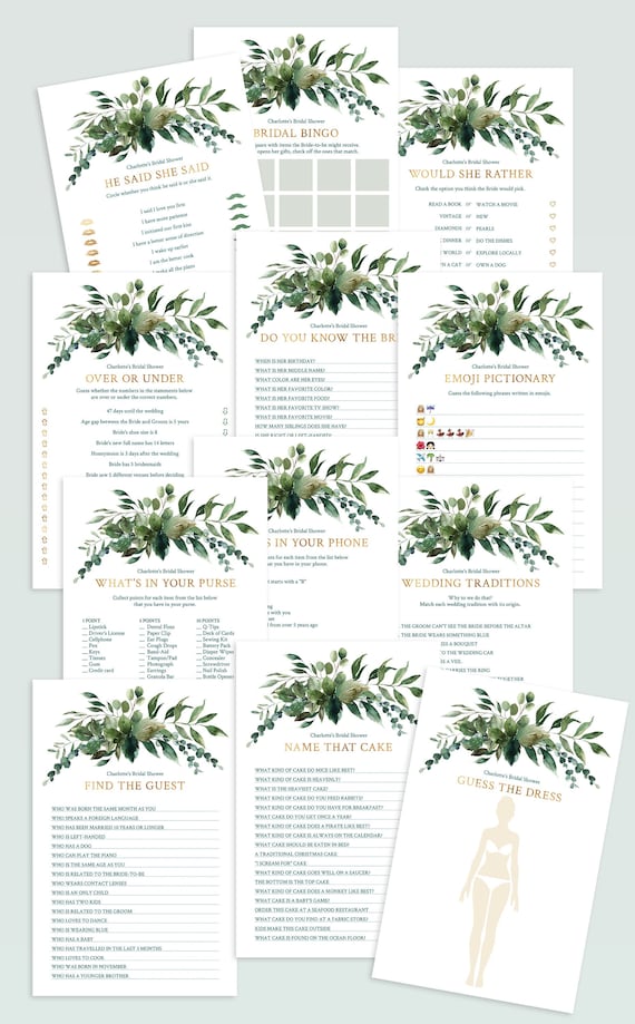Emerald Green Bridal Shower Games Bundle with Watercolor Greenery - Editable Games Template Il_570xn