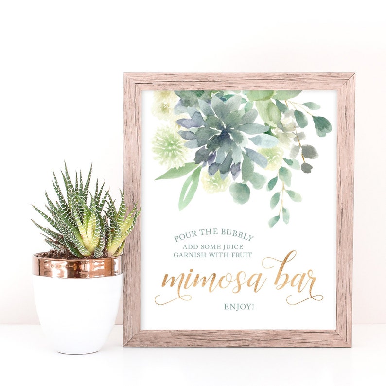 Succulent Mimosa Bar Sign Printable Baby Shower Decor Succulent Baby Shower Faux Gold Pour The Bubbly Sign Bubbly Bar Sign Bridal Shower image 1
