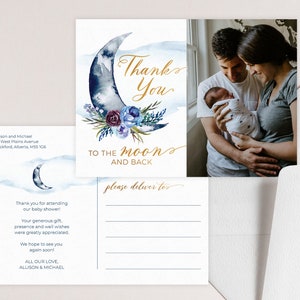 Über der Mond-Babypartykarte | Danke, Foto-Postkarte mit Himmlischem Thema | Druckbare bearbeitbare Vorlage