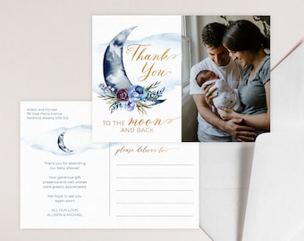 Over the Moon Baby Shower Card | Thank You Photo Postcard with Celestial Theme | Printable Editable Template