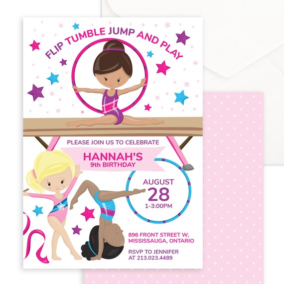 Gymnastics Birthday Invitation Printable Instant Download File - Flip Tumble Jump and Play Gymnastics Invitation for Girl Birthday Party Il_570xn