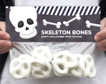 Halloween Treat Bag Toppers Printable File with Skeleton Bones in Black and White - Instant Download Editable Template you can Personalize