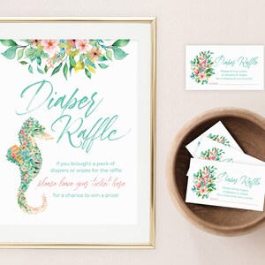 Tropical Baby Shower Diaper Raffle Tickets and Sign with Seahorse Design | Summer Baby Shower