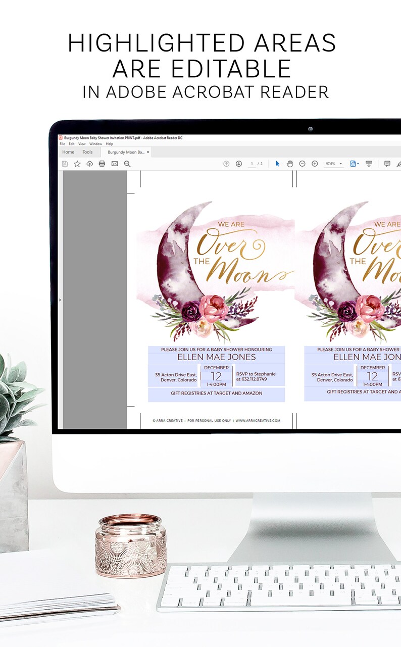 K&ouml;nnte beinhalten: Ein digitales Bild einer Babyparty-Einladung mit einer Aquarell-Illustration eines Halbmondes mit floralen Akzenten. Der Text "We are over the moon" ist in goldener Schrift geschrieben. Die Einladung enth&auml;lt den Namen Ellen Mae Jones, das Datum 12. Dezember, die Uhrzeit 13:00 Uhr und den Ort 35 Acton Drive East, Denver, Colorado. Die Einladung enth&auml;lt auch eine RSVP-Nummer und Informationen &uuml;ber Geschenkregister bei Target und Amazon.