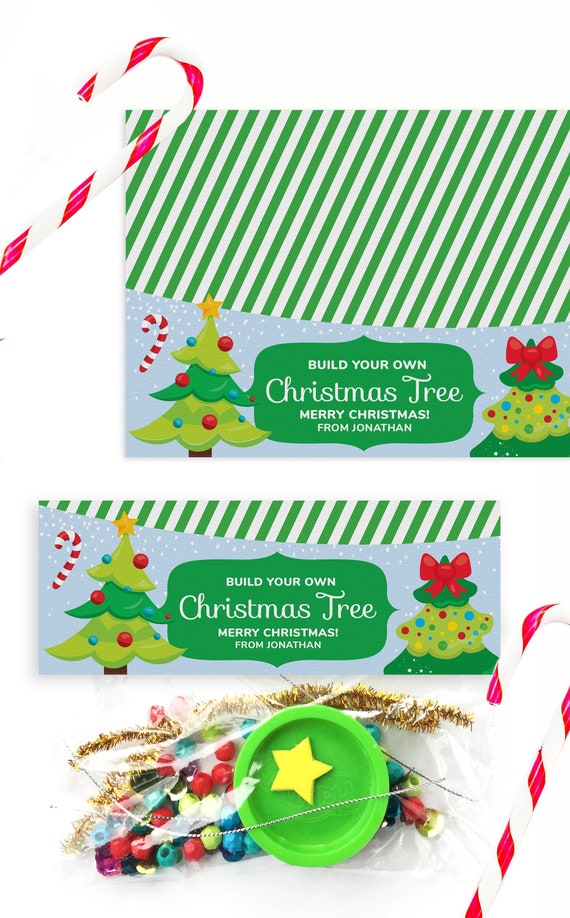 Christmas Treat Bag Topper Printable File - Build Your Own Christmas Tree Playdoh Gift for Kids you can Personalize - Editable Template Il_570xn