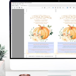 K&ouml;nnte beinhalten: Eine digitale Einladung zu einer Babyparty mit einer Aquarell-Illustration eines K&uuml;rbisses und Blumen. Der Text lautet "A Little Pumpkin is on the Way". Die Einladung enth&auml;lt den Namen des Babys, Datum, Uhrzeit und Ort.