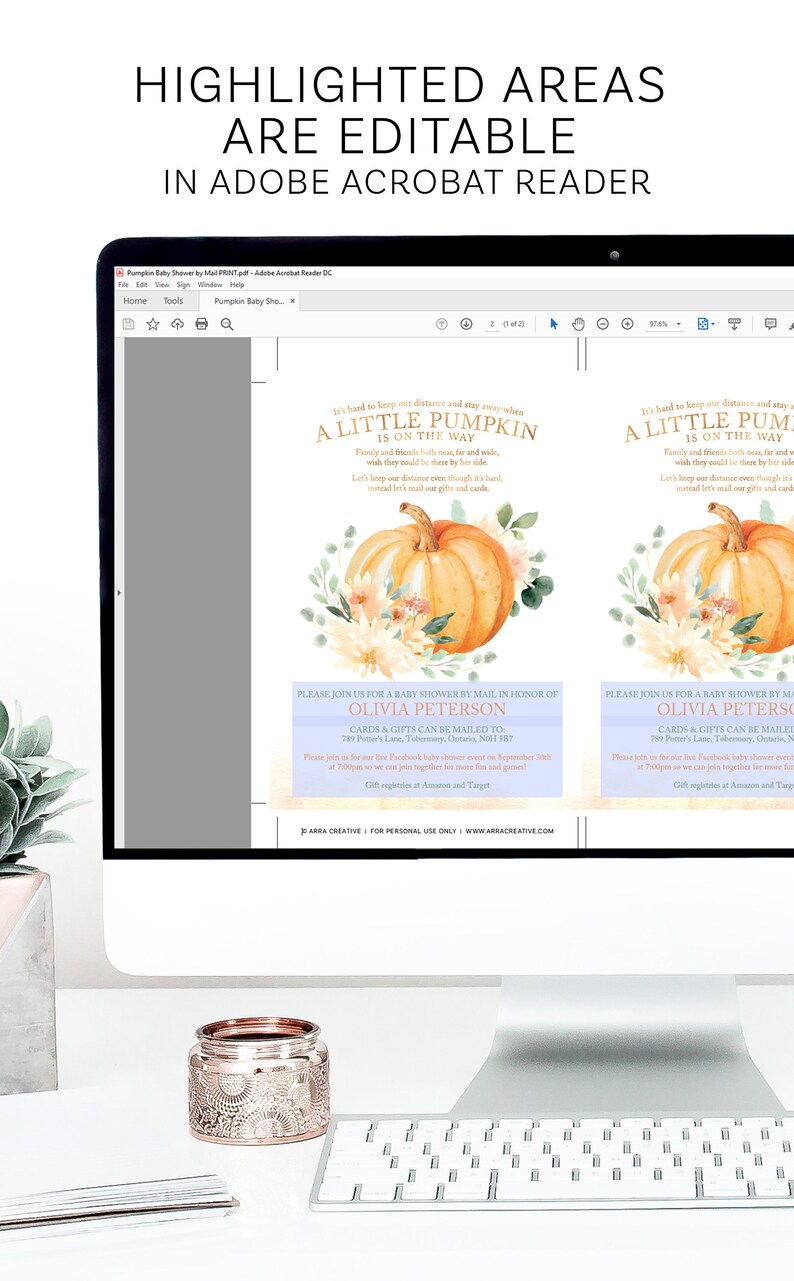 K&ouml;nnte beinhalten: Eine digitale Einladung zu einer Babyparty mit einer Aquarell-Illustration eines K&uuml;rbisses und Blumen. Der Text lautet "A Little Pumpkin is on the Way". Die Einladung enth&auml;lt den Namen des Babys, Datum, Uhrzeit und Ort.