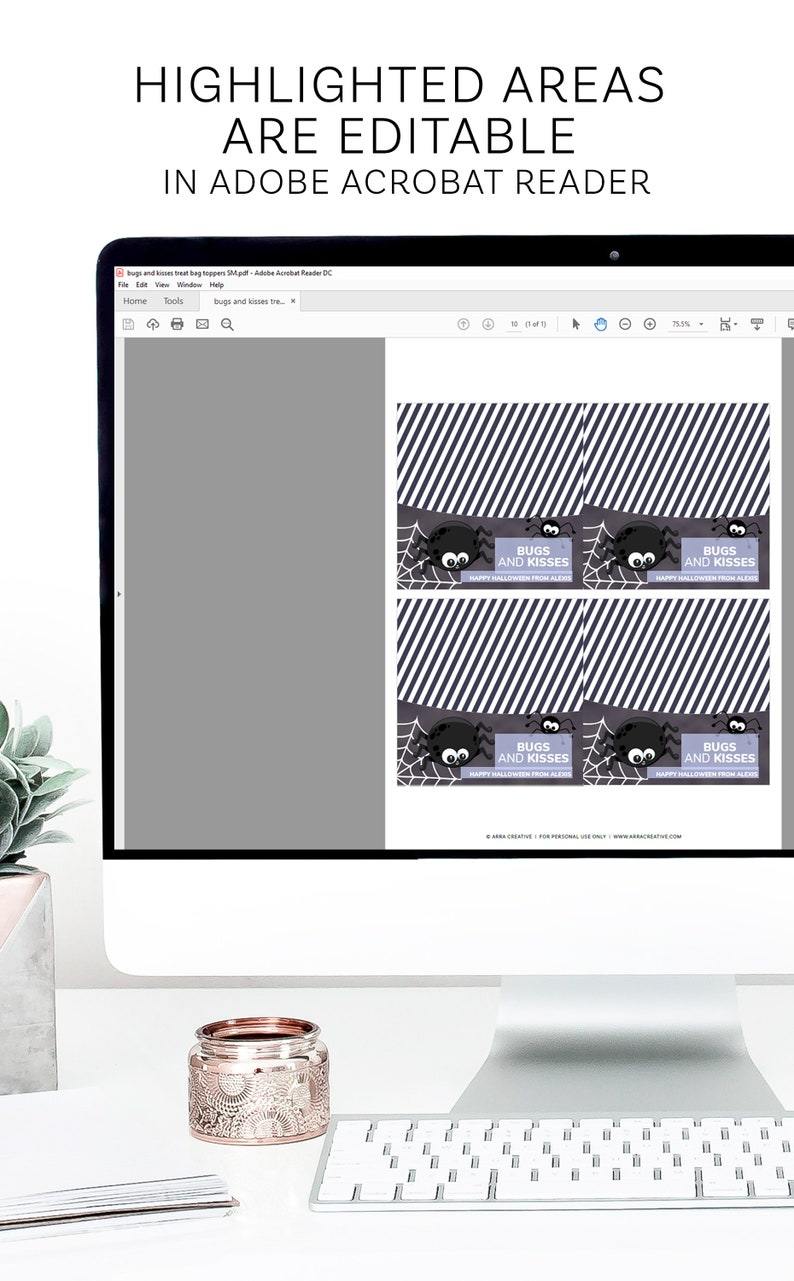 May include: A computer monitor displaying a PDF file with four printable Halloween treat bag toppers. Each topper features a black spider, a white web, diagonal stripes, and the text BUGS AND KISSES HAPPY HALLOWEEN FROM ALEXIS.