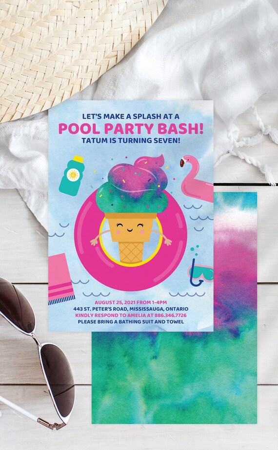 Pool Party Invitation Girl Instant Download Printable File - Summer Swimming Pool Party Bash - Editable Ice Cream Invitation Il_570xn