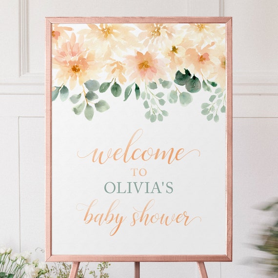 Peach Floral Baby Shower Welcome Sign for Baby in Bloom Shower - Printable Instant Download File for Spring or Summer Baby Shower Il_570xn