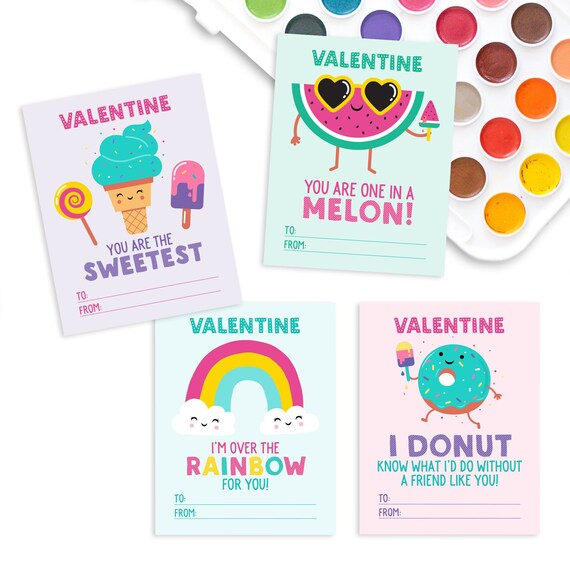 Classroom Valentines Day Cards for Kids - Printable Valentines with Watermelon, Rainbow, Ice Cream and Donut designs Il_570xn