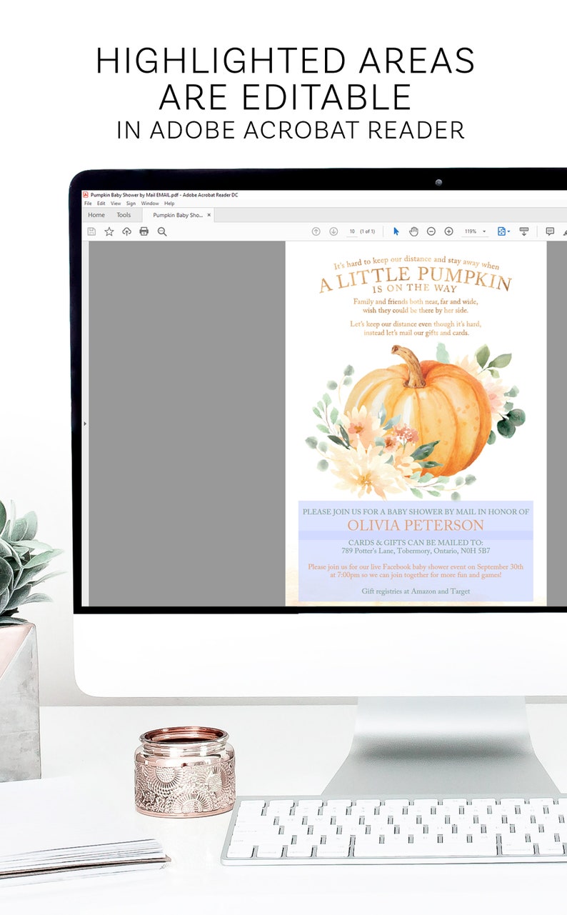 K&ouml;nnte beinhalten: Eine digitale Einladung zu einer Babyparty mit einer Aquarell-Illustration eines K&uuml;rbisses und Blumen. Der Text lautet "Es ist schwer, Abstand zu halten und wegzubleiben, wenn ein kleiner K&uuml;rbis auf dem Weg ist." Die Einladung enth&auml;lt den Namen des Babys, Olivia Peterson, und Details zum Versenden von Karten und Geschenken per Post. Sie erw&auml;hnt auch eine Facebook-Babyparty am 30. September um 19:00 Uhr.