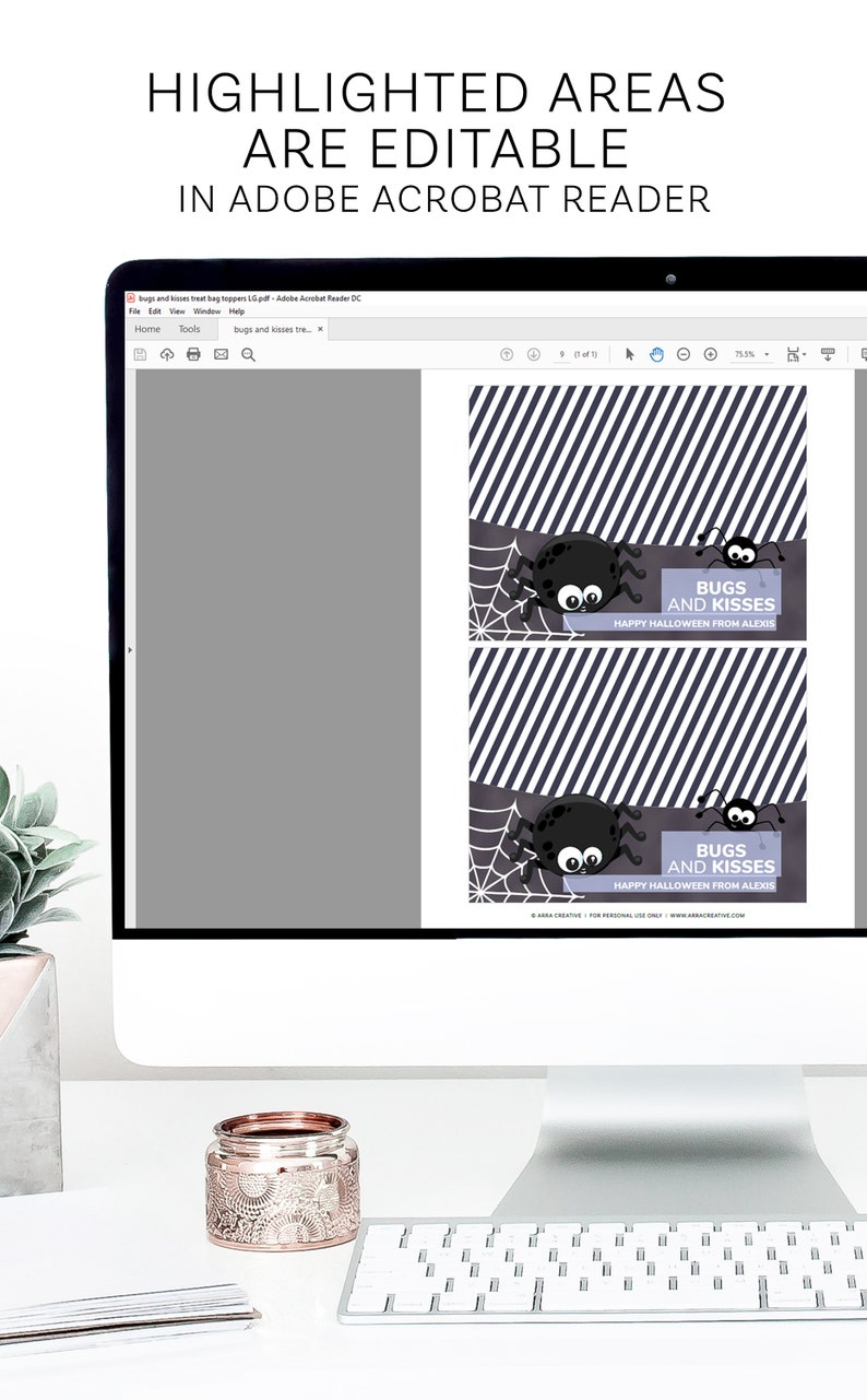 May include: A computer monitor displaying a printable PDF file with two identical Halloween treat bag toppers. Each topper features a black and white diagonal striped pattern, a cartoon spider, a spiderweb, and the text BUGS AND KISSES.