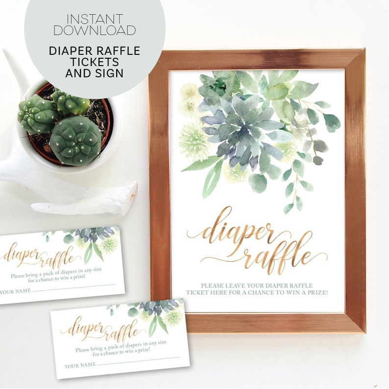 Succulent Baby Shower Diaper Raffle Sign - Instant Download - Printable Succulent Diaper Raffle Tickets - Greenery Baby Shower Decorations image 1