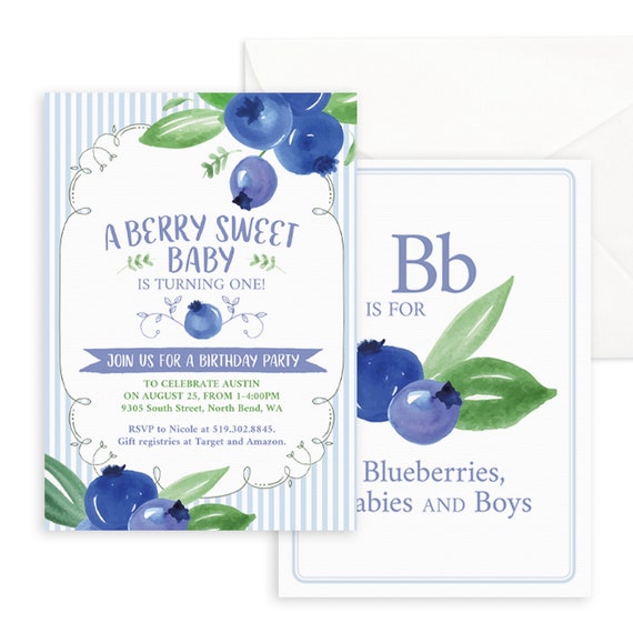 Blueberry First Birthday Invitation Printable File - !st Birthday Invitation for a Berry Sweet Baby in Blue and Green - Instant Download Il_570xn