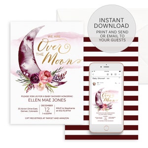 K&ouml;nnte beinhalten: Eine Babyparty-Einladung mit einer Aquarell-Illustration eines violetten Mondes, der mit rosa und violetten Blumen verziert ist. Der Text lautet "We are Over the Moon" und enth&auml;lt den Namen Ellen Mae Jones, das Datum 12. Dezember und die Uhrzeit 13:00 bis 16:00 Uhr. Die Einladung enth&auml;lt auch die Adresse 35 Acton Drive East, Denver, Colorado und die RSVP-Informationen.