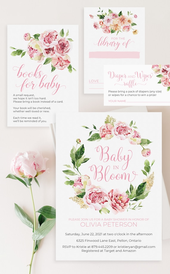 Pink Baby in Bloom Baby Shower Invitation Suite: Editable Invitation, Books for Baby Cards, Book Labels, Diaper Raffle Sign and Tickets Il_570xn