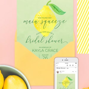 May include: A green and yellow bridal shower invitation with a lemon illustration and the text "She found her main squeeze. Please join us for a bridal shower in honour of Kayla Grace, August 26."