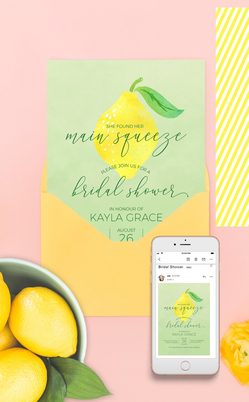 May include: A green and yellow bridal shower invitation with a lemon illustration and the text "She found her main squeeze. Please join us for a bridal shower in honour of Kayla Grace, August 26."