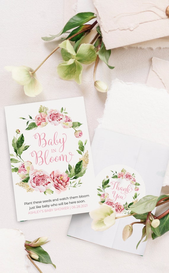 Baby in Bloom Seed Packet Favours for Baby Shower - Printable Pink Floral Seed Package Covers for Party Favours - Printable Instant Download Il_570xn
