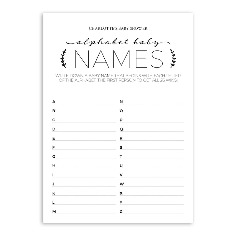 alphabet baby names printable baby shower game instant etsy
