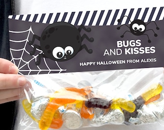 Halloween Treat Bag Toppers Printable File - Bugs and Kisses Treat Bag Toppers - Instant Download Editable Template with Spiders + Spiderweb