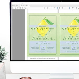 May include: A digital invitation for a bridal shower with a lemon illustration and the text "She found her main squeeze". The invitation includes the bride's name, date, time, and RSVP information.