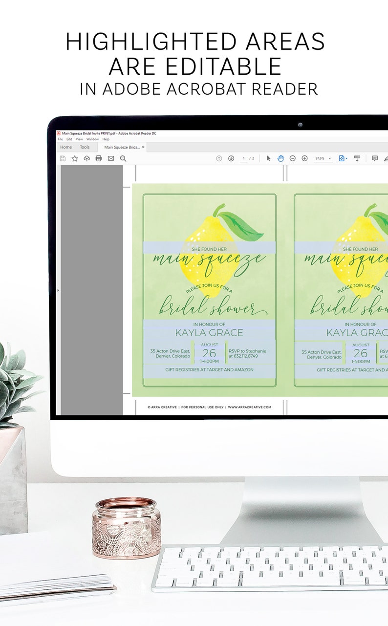 May include: A digital invitation for a bridal shower with a lemon illustration and the text "She found her main squeeze". The invitation includes the bride's name, date, time, and RSVP information.