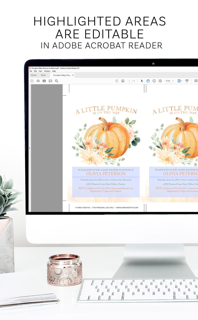 Pumpkin Baby Shower Invitation Printable File for Fall Baby Shower - Instant Download - Autumn Floral and Pumpkin Design image 3