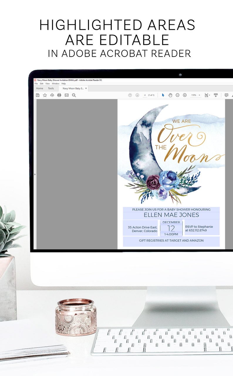 Peut inclure: Une illustration aquarelle bleue et blanche d'un croissant de lune avec une inscription dor&eacute;e qui dit "We are Over the Moon". L'illustration est entour&eacute;e d'un arrangement floral de fleurs bleues et violettes. Le texte sous l'illustration dit "Please join us for a baby shower honouring Ellen Mae Jones, December 12, 1-4:00PM, 35 Acton Drive East, Denver, Colorado, RSVP to Stephanie at 632.112.8749, Gift registries at Target and Amazon".
