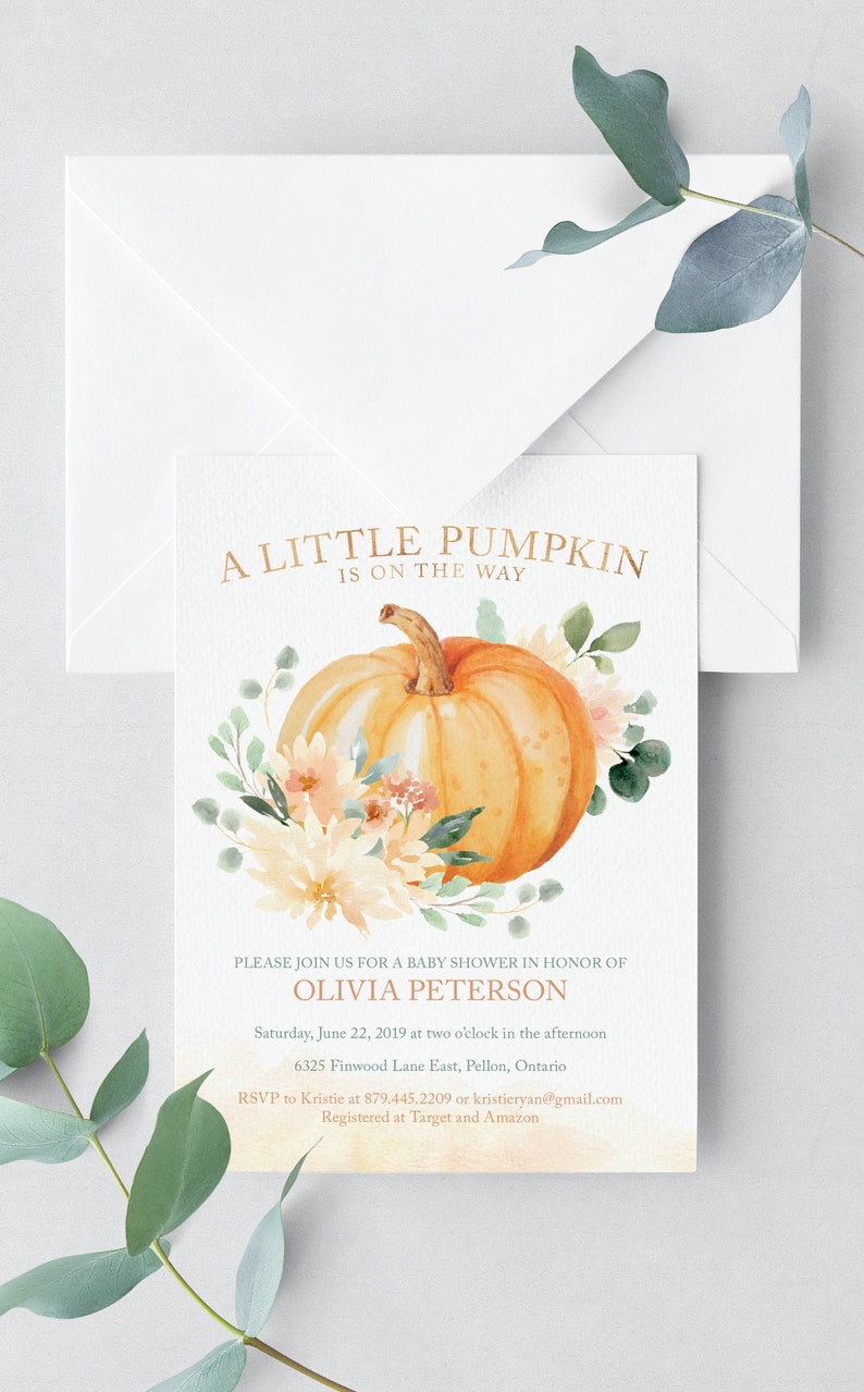 Pumpkin Baby Shower Invitation Printable File for Fall Baby Shower - Instant Download - Autumn Floral and Pumpkin Design image 1