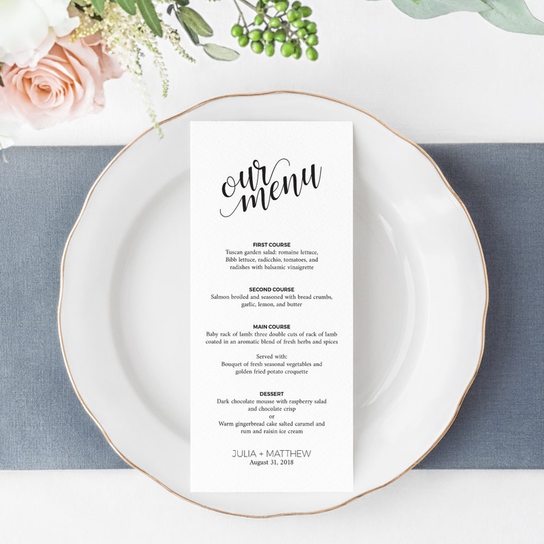 Editable Wedding Menu Template Instant Download Printable File Black and White Wedding Table Decorations Modern Wedding Menu Template image 1