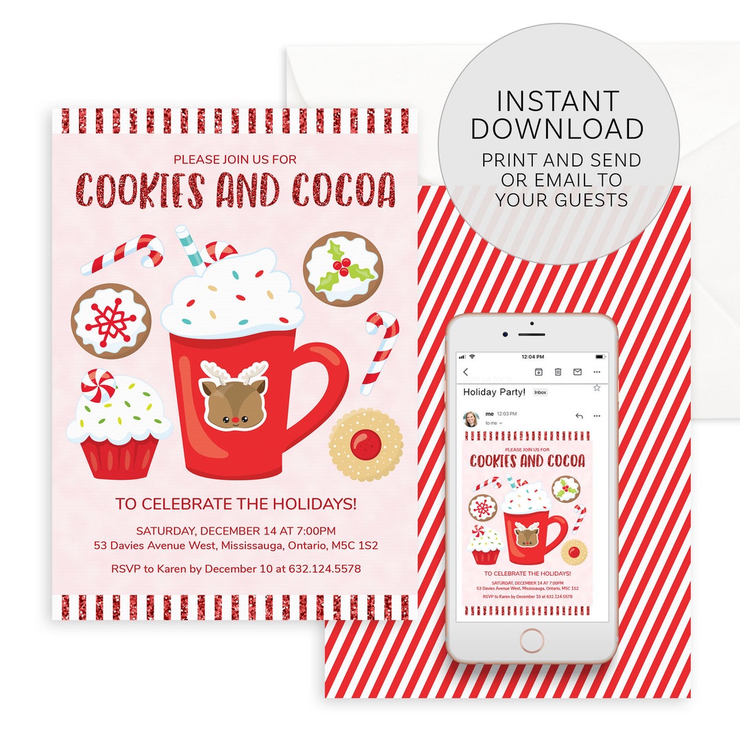 Cookies and Cocoa Holiday Party Invitation Printable With Cookies, Hot ...