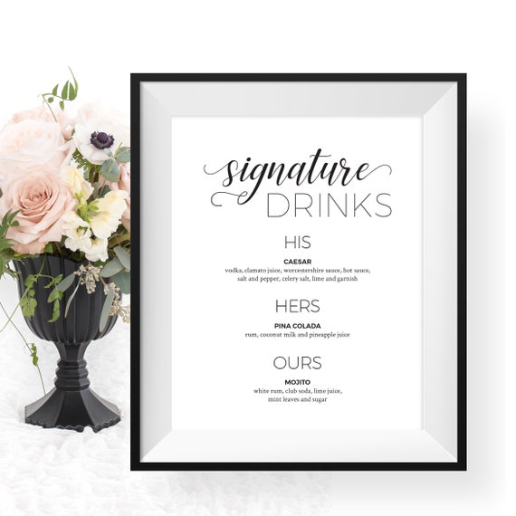 Signature Drinks Wedding Sign In Black And White Printable Etsy