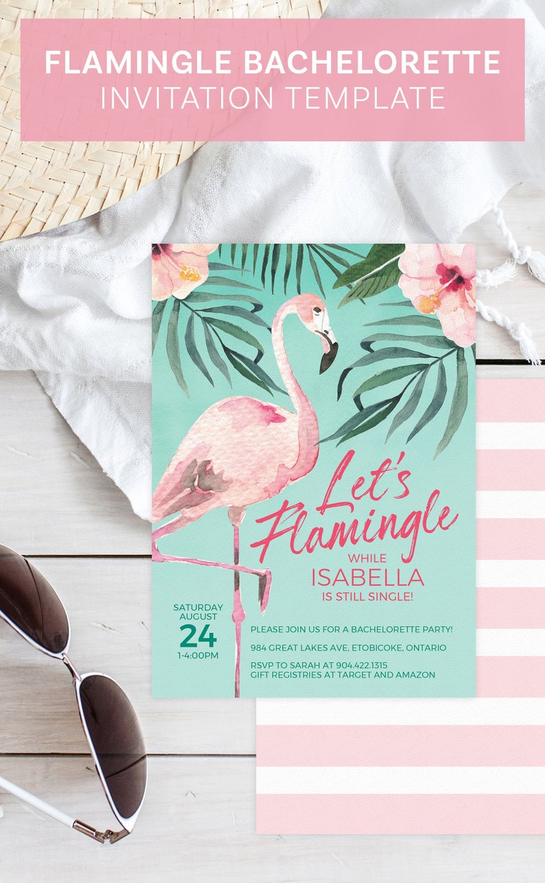 Może przedstawiać: Ilustracja r&oacute;żowego flaminga z tropikalnymi liśćmi i kwiatami na turkusowym tle. Tekst głosi "Let's Flamingle" z imieniem "Isabella" i datą "Sobota, 24 sierpnia, 14:00-17:00".