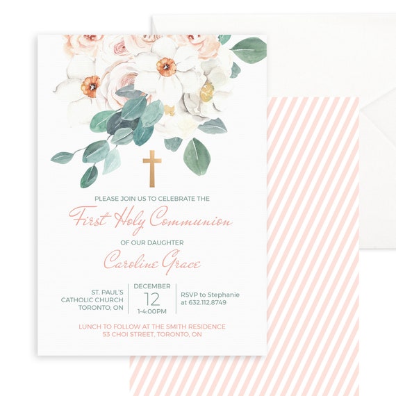 First Holy Communion Invitation Printable Instant Download File for Girl celebrating First Communion - Baptism Invitation Girl Spring Floral Il_570xn