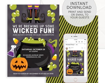 Wicked Halloween Party Invitation Printable File - We're Brewing Up Some Fun! Witch, Cauldron and Pumpkin Halloween Invite - Email or Print