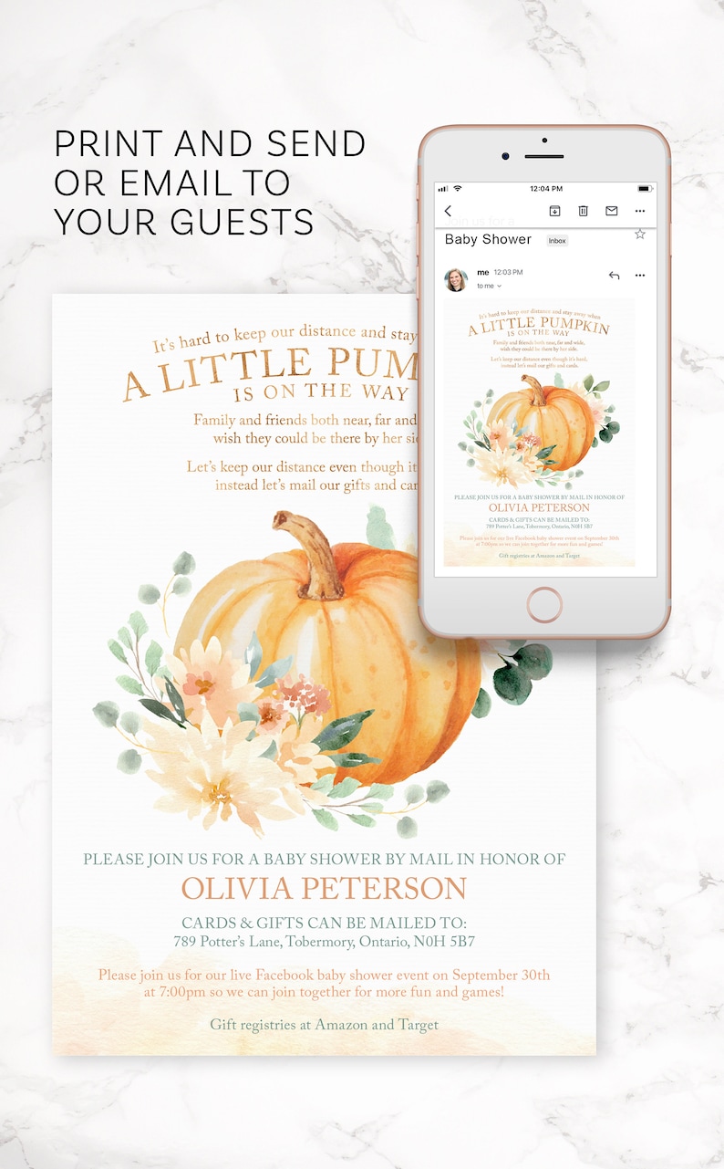 K&ouml;nnte beinhalten: Eine Babyparty-Einladung mit einer Aquarell-Illustration eines K&uuml;rbisses mit Herbstlaub. Die Einladung lautet "A Little Pumpkin is on the Way" und enth&auml;lt den Namen Olivia Peterson. Die Einladung enth&auml;lt auch Informationen zum Versenden von Karten und Geschenken per Post und einer Facebook-Babyparty.