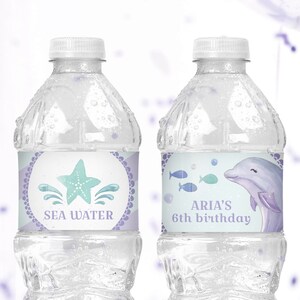 Dolphin Water Bottle Labels for Under the Sea Birthday Party - Printable Instant Download Summer Pool Party Decorations in Purple and Teal