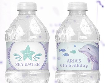 Dolphin Water Bottle Labels for Under the Sea Birthday Party - Printable Instant Download Summer Pool Party Decorations in Purple and Teal