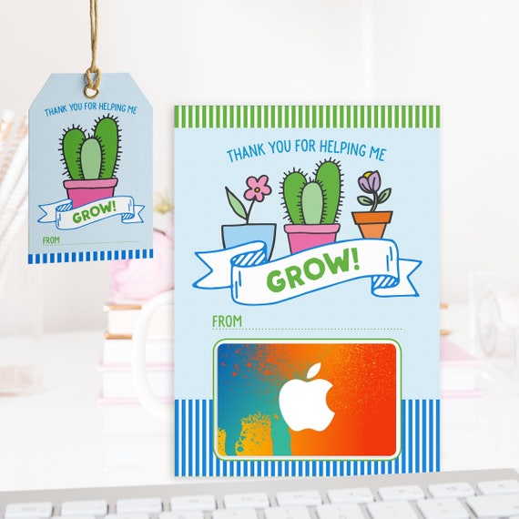 Teacher Thank You Card Printable Gift Card Holder And Thank You Tags Thank You For Helping Me Grow Instant Download Last Minute Gift By Arra Creative Catch My Party