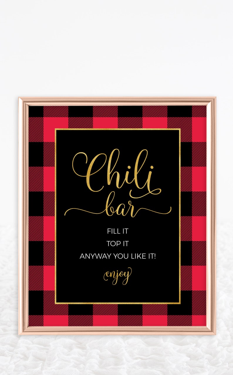 Flannel Chili Bar Sign Printable Instant Download File Red and Black Buffalo Plaid Chili Bar Sign and Topping Tags Fall Party image 1