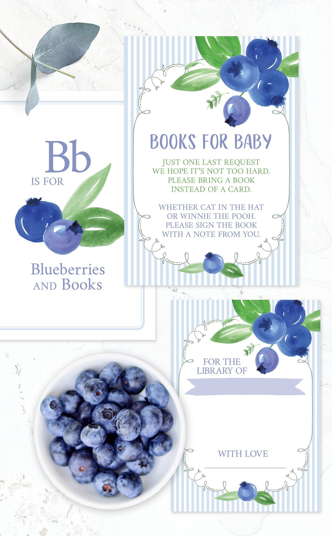 Blueberry Books for Baby Insert Cards Blue Baby Shower Printable