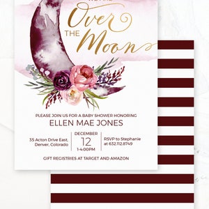 K&ouml;nnte beinhalten: Eine Babyparty-Einladung mit einer Aquarell-Illustration eines Halbmondes mit floralen Akzenten. Der Text lautet "We are Over the Moon" und enth&auml;lt den Namen "Ellen Mae Jones", das Datum "December 12", die Uhrzeit "1-4:00PM", die Adresse "35 Acton Drive East, Denver, Colorado" und die RSVP-Informationen "RSVP to Stephanie at 632.112.8749". Die Einladung enth&auml;lt auch den Hinweis "Gift Registries at Target and Amazon".