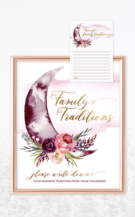 Over the Moon Baby Shower Family Tradition Sign and Cards - Instant Download Printable Files - Burgundy + Gold - Navy + Gold Il_570xn