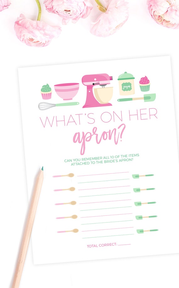 Baking bridal shower What's On Her Apron guessing game sheet ready to
